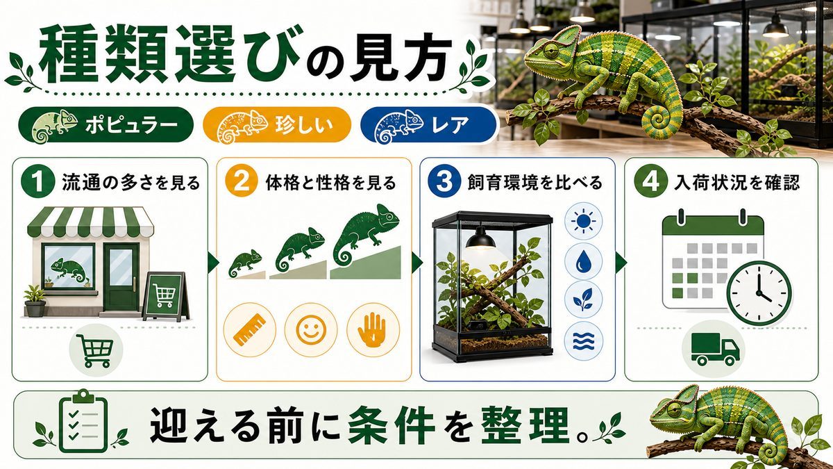 ショップ見かけやすいカメレオン達をご紹介!の要点をまとめたカメレオン・爬虫類飼育インフォグラフィック