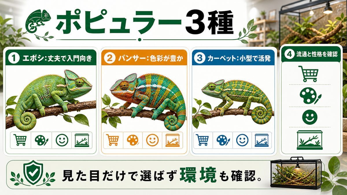 見かけやすいポピュラーな種類の要点をまとめたカメレオン・爬虫類飼育インフォグラフィック
