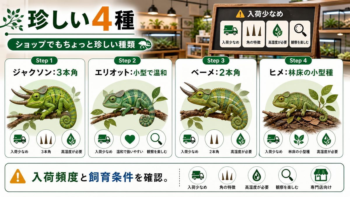 ショップでもちょっと珍しい種類の要点をまとめたカメレオン・爬虫類飼育インフォグラフィック