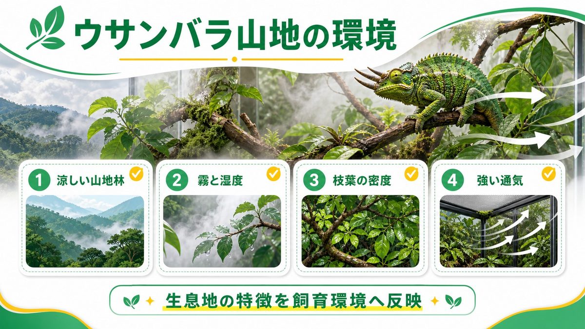 ウサンバラ山地の生態と外見特徴の要点をまとめたカメレオン・爬虫類飼育インフォグラフィック