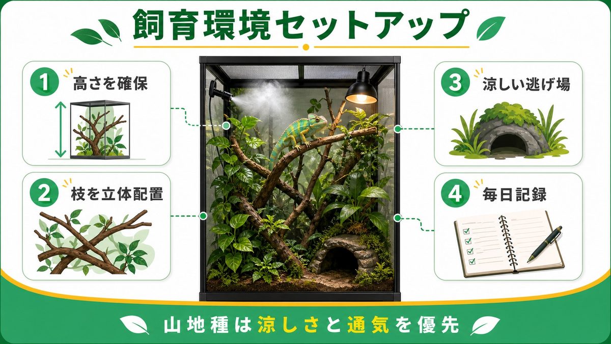 飼育環境のセットアップの要点をまとめたカメレオン・爬虫類飼育インフォグラフィック