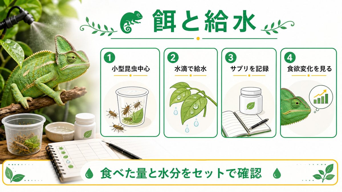 餌と給水の要点をまとめたカメレオン・爬虫類飼育インフォグラフィック