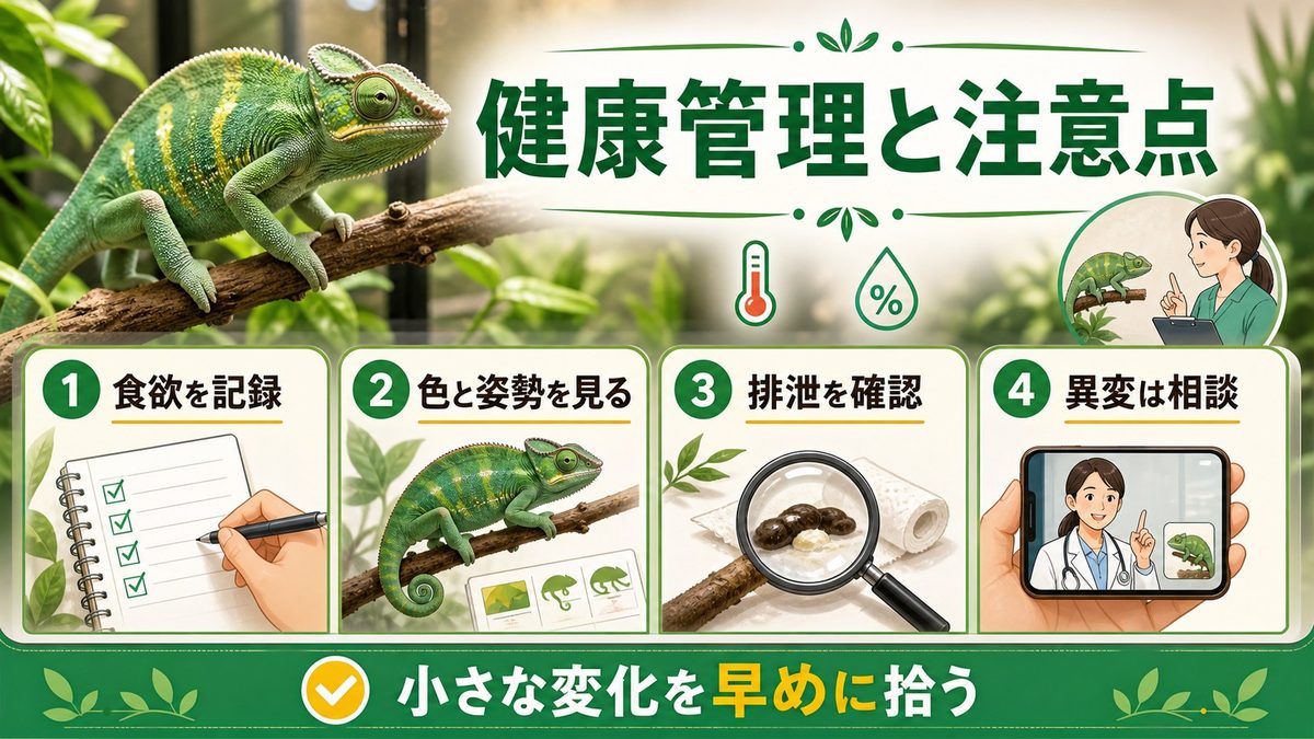 健康管理と注意点の要点をまとめたカメレオン・爬虫類飼育インフォグラフィック