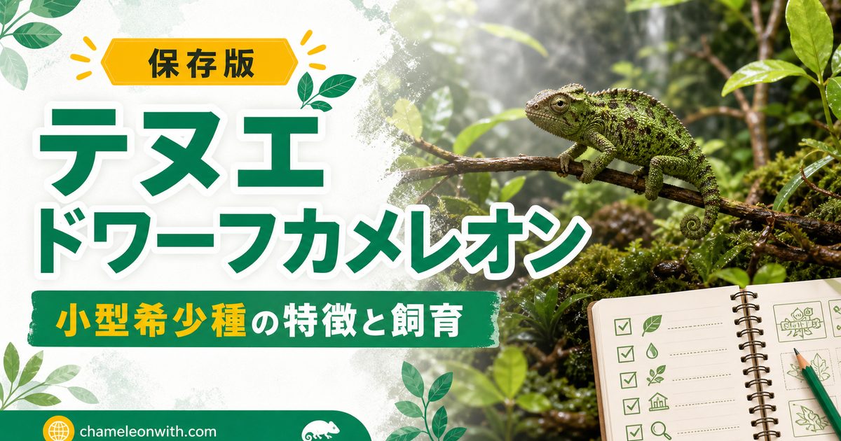 テヌエドワーフカメレオンの特徴や飼育方法・育て方・生息地・繁殖・注意点について解説！【激レア小型カメレオン】の要点を伝えるカメレオン・爬虫類記事アイキャッチ画像