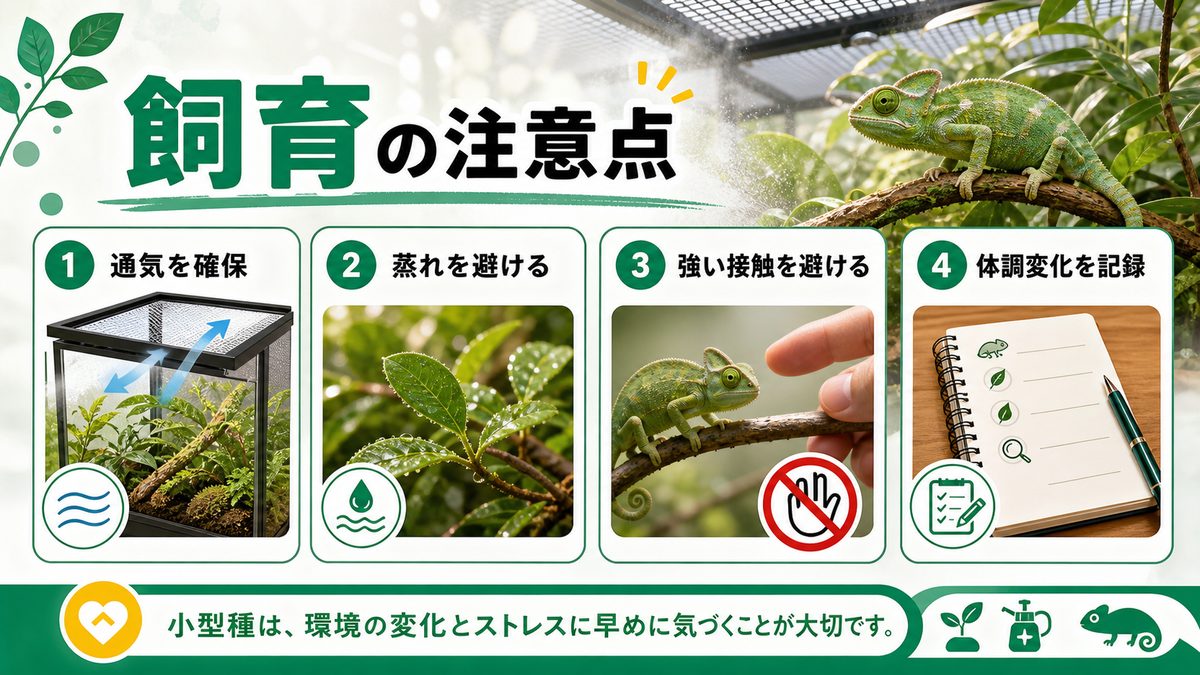 テヌエドワーフカメレオンの飼育で注意すべきポイントについての要点をまとめたカメレオン・爬虫類飼育インフォグラフィック