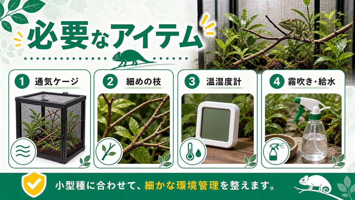 テヌエドワーフカメレオンの飼育に必要なアイテムについての要点をまとめたカメレオン・爬虫類飼育インフォグラフィック