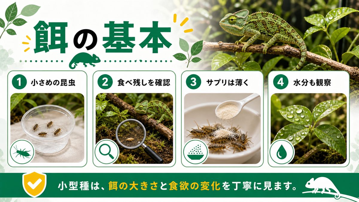 テヌエドワーフカメレオンの餌についての要点をまとめたカメレオン・爬虫類飼育インフォグラフィック