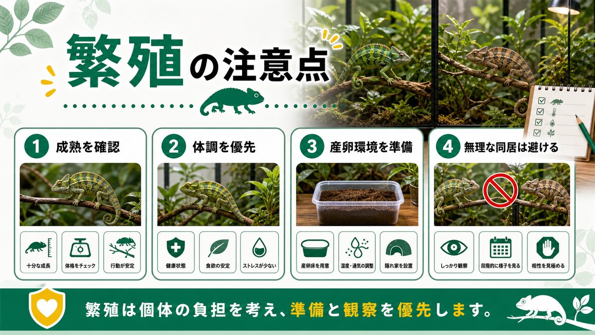テヌエドワーフカメレオンの繁殖についての要点をまとめたカメレオン・爬虫類飼育インフォグラフィック