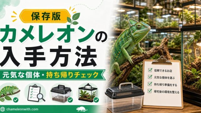 【入手方法】カメレオン元気な個体のチェックポイント・お持ち帰り方法をご紹介！【WCとCBの違いは？】の要点を伝えるカメレオン・爬虫類記事アイキャッチ画像