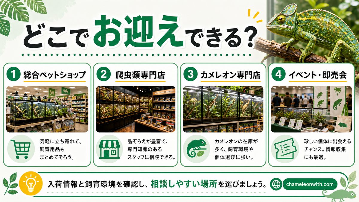 カメレオンってどこに行けばお迎えできるの？お迎えできる所について！の要点をまとめたカメレオン・爬虫類飼育インフォグラフィック