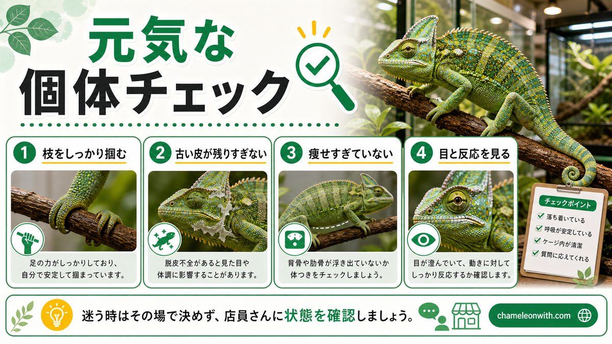 どんな子を選ぶべき？の要点をまとめたカメレオン・爬虫類飼育インフォグラフィック