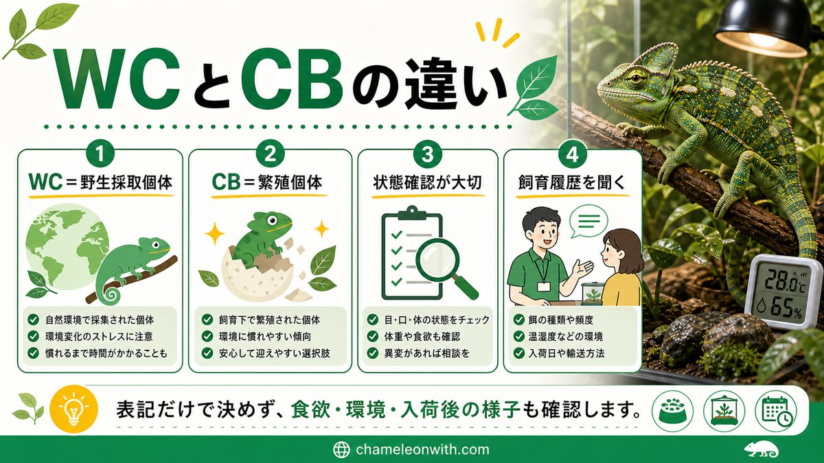 WCとCBの違いは？の要点をまとめたカメレオン・爬虫類飼育インフォグラフィック