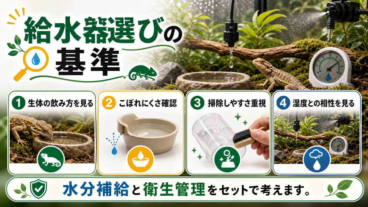 結構悩ましい？爬虫類と給水器についての要点をまとめたカメレオン・爬虫類飼育インフォグラフィック