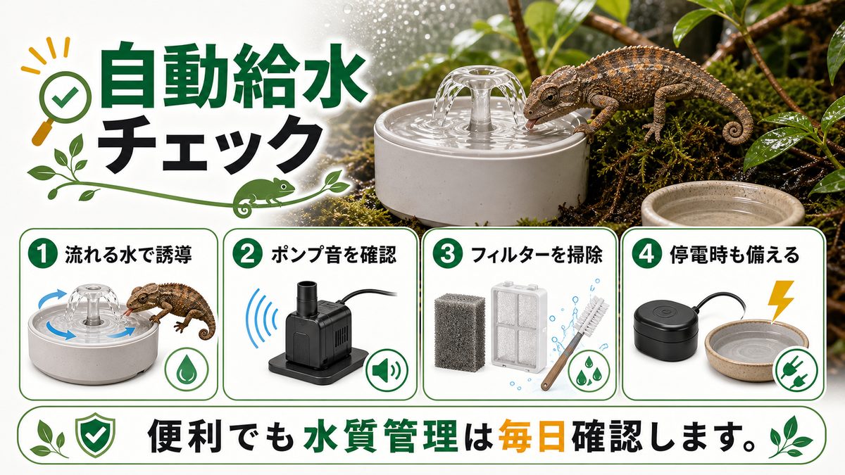 オススメの給水器〜自動給水器編〜の要点をまとめたカメレオン・爬虫類飼育インフォグラフィック