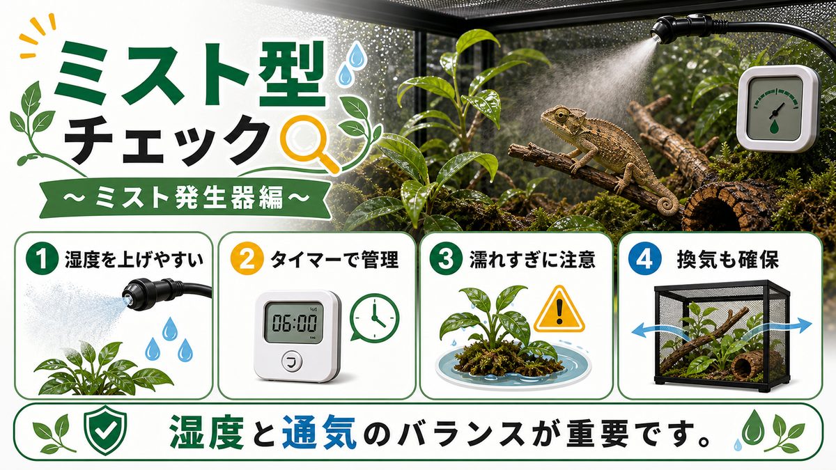 オススメの給水器〜ミスト発生器編〜の要点をまとめたカメレオン・爬虫類飼育インフォグラフィック