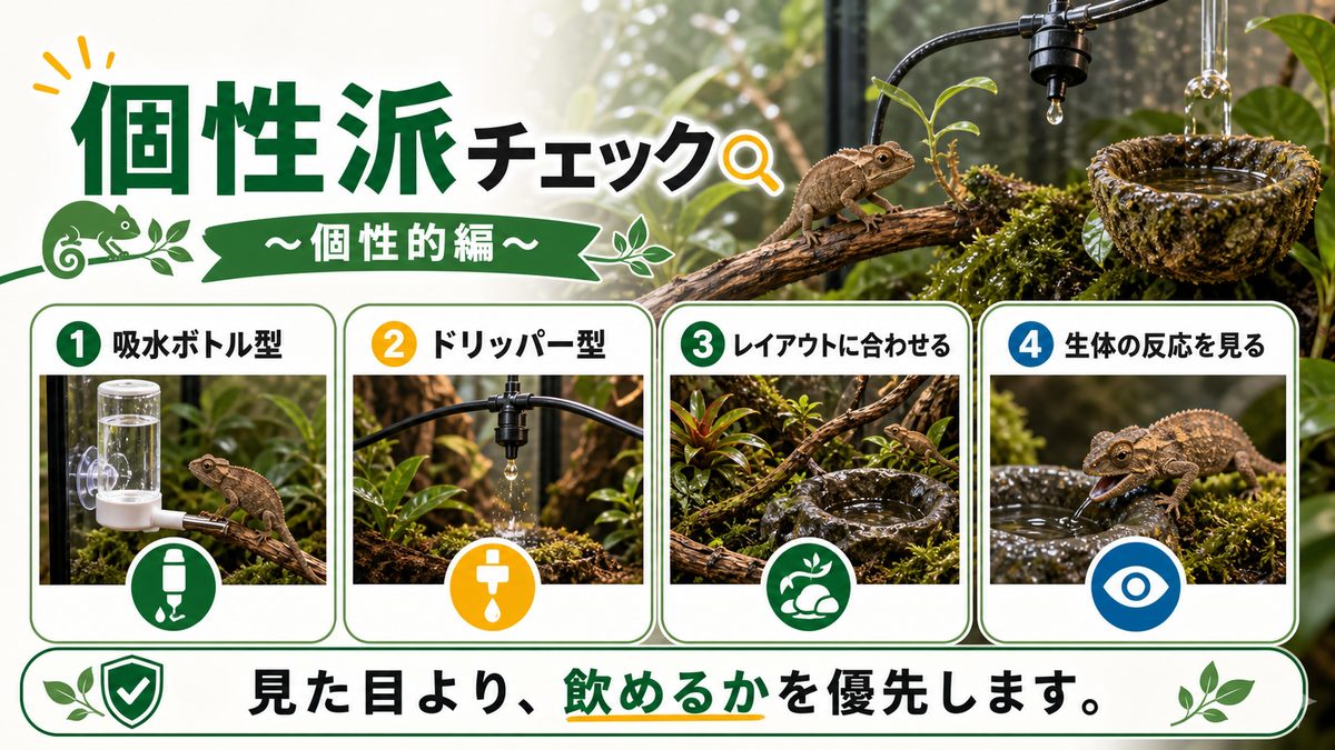 オススメの給水器について！〜個性的編〜の要点をまとめたカメレオン・爬虫類飼育インフォグラフィック
