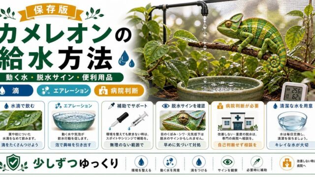 カメレオンの給水方法について徹底解説！危険な脱水症状についても紹介！【おすすめアイテム】の要点を伝えるカメレオン・爬虫類記事アイキャッチ画像