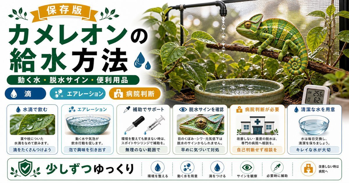 カメレオンの給水方法について徹底解説！危険な脱水症状についても紹介！【おすすめアイテム】の要点を伝えるカメレオン・爬虫類記事アイキャッチ画像