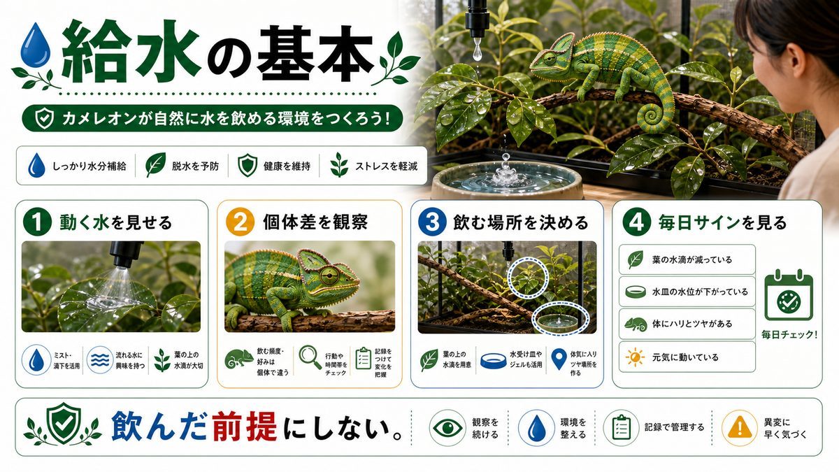 カメレオンの給水方法について!の要点をまとめたカメレオン・爬虫類飼育インフォグラフィック