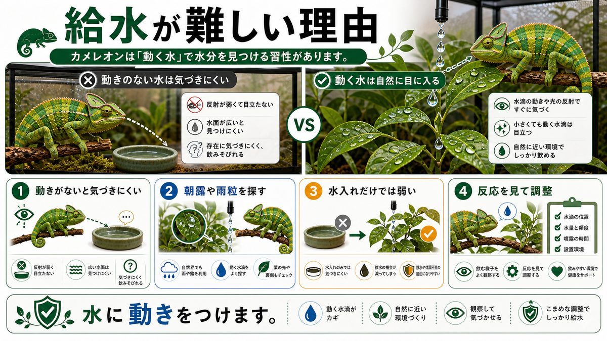 カメレオンの給水が難しい理由とは?の要点をまとめたカメレオン・爬虫類飼育インフォグラフィック