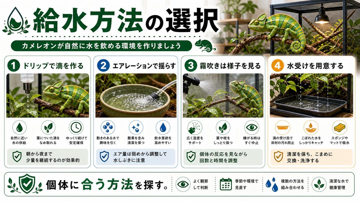 カメレオンの給水方法のご紹介の要点をまとめたカメレオン・爬虫類飼育インフォグラフィック
