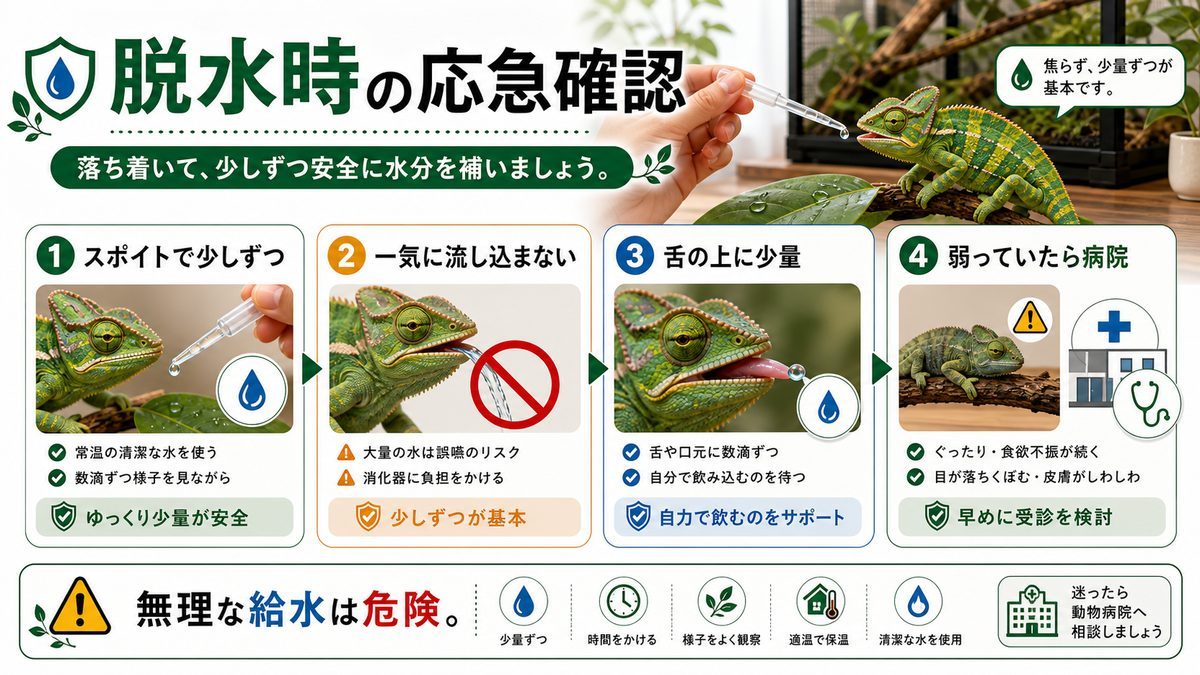 もし脱水状態になってしまったら?の要点をまとめたカメレオン・爬虫類飼育インフォグラフィック