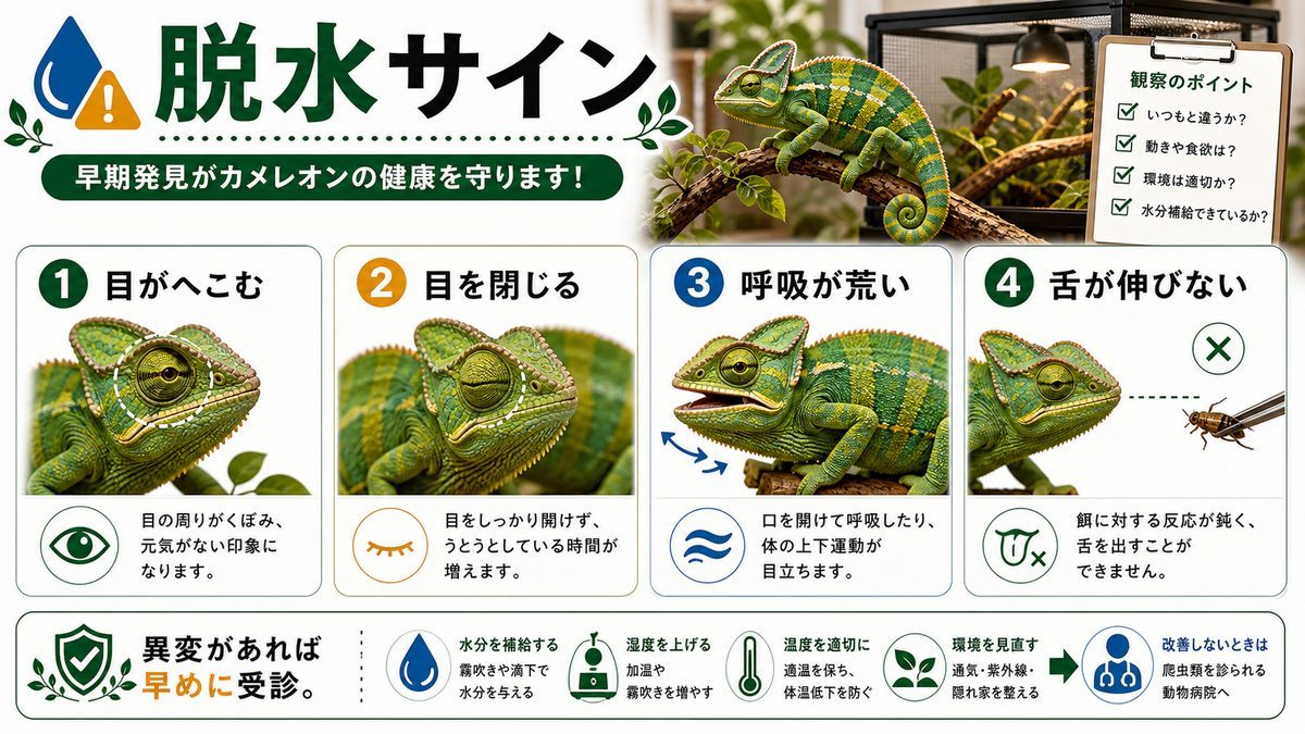 脱水状態のサインについての要点をまとめたカメレオン・爬虫類飼育インフォグラフィック