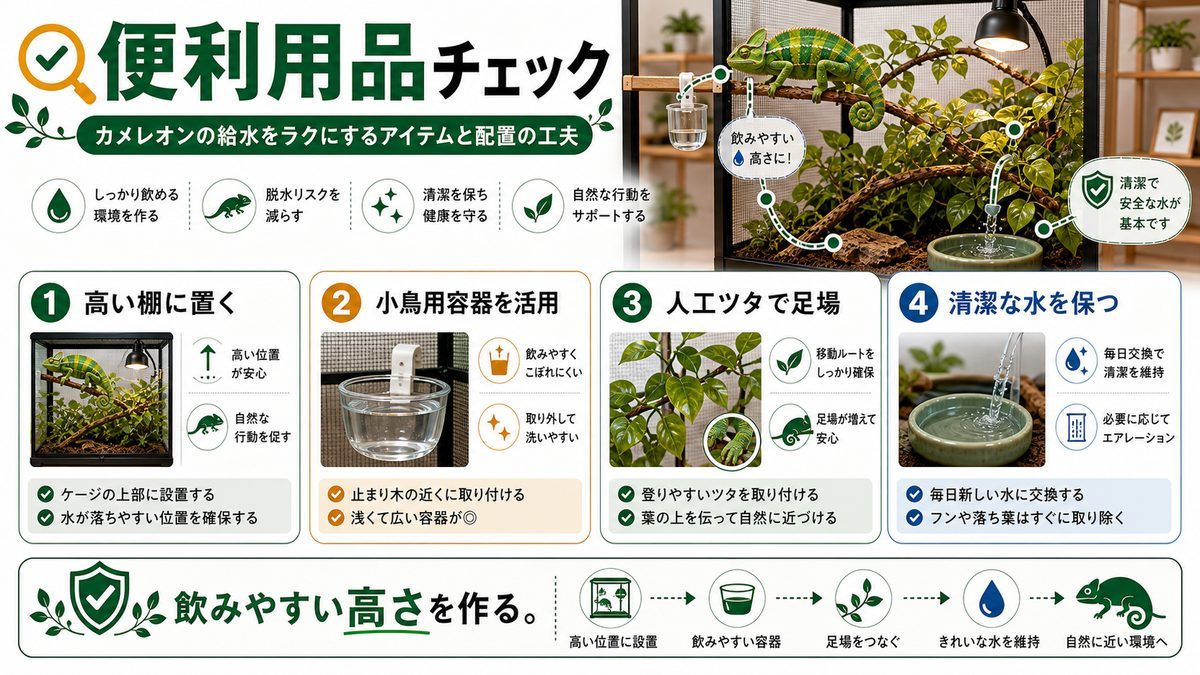 給水に便利なアイテムについての要点をまとめたカメレオン・爬虫類飼育インフォグラフィック
