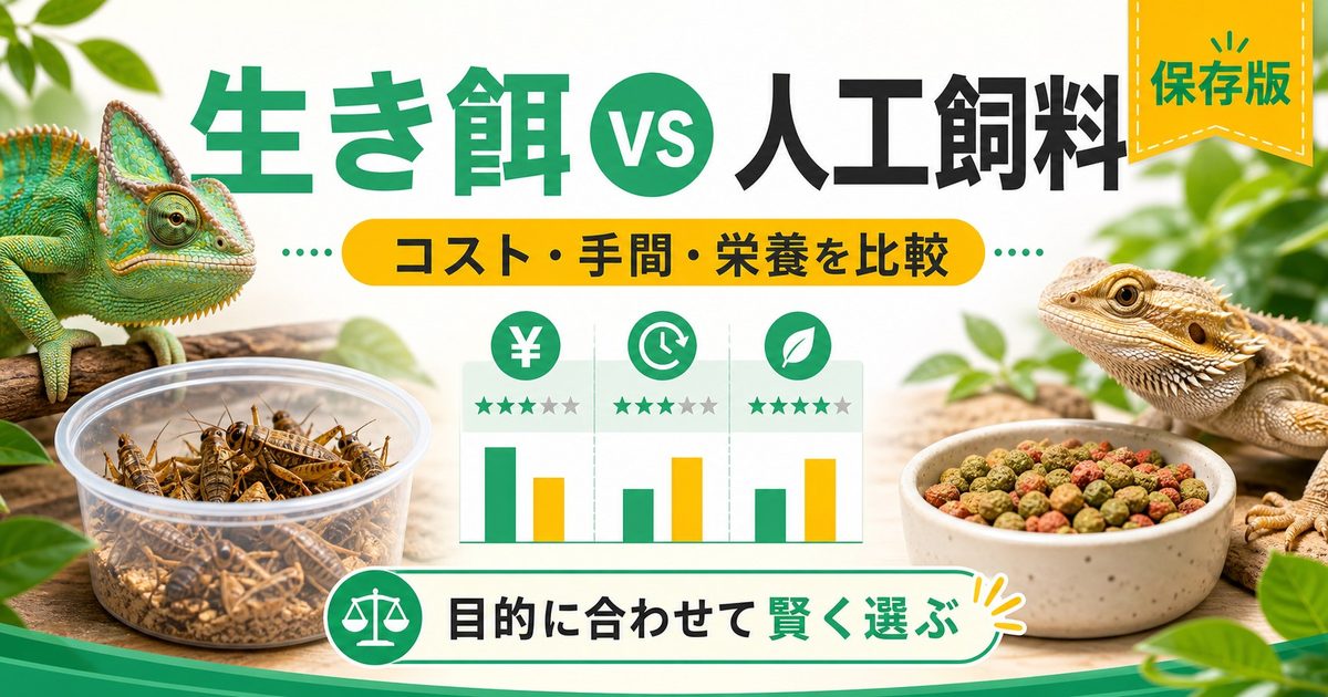 爬虫類の生き餌vs人工飼料どっちがいい？コスト・手間・栄養を6軸比較の要点を伝えるカメレオン・爬虫類記事アイキャッチ画像