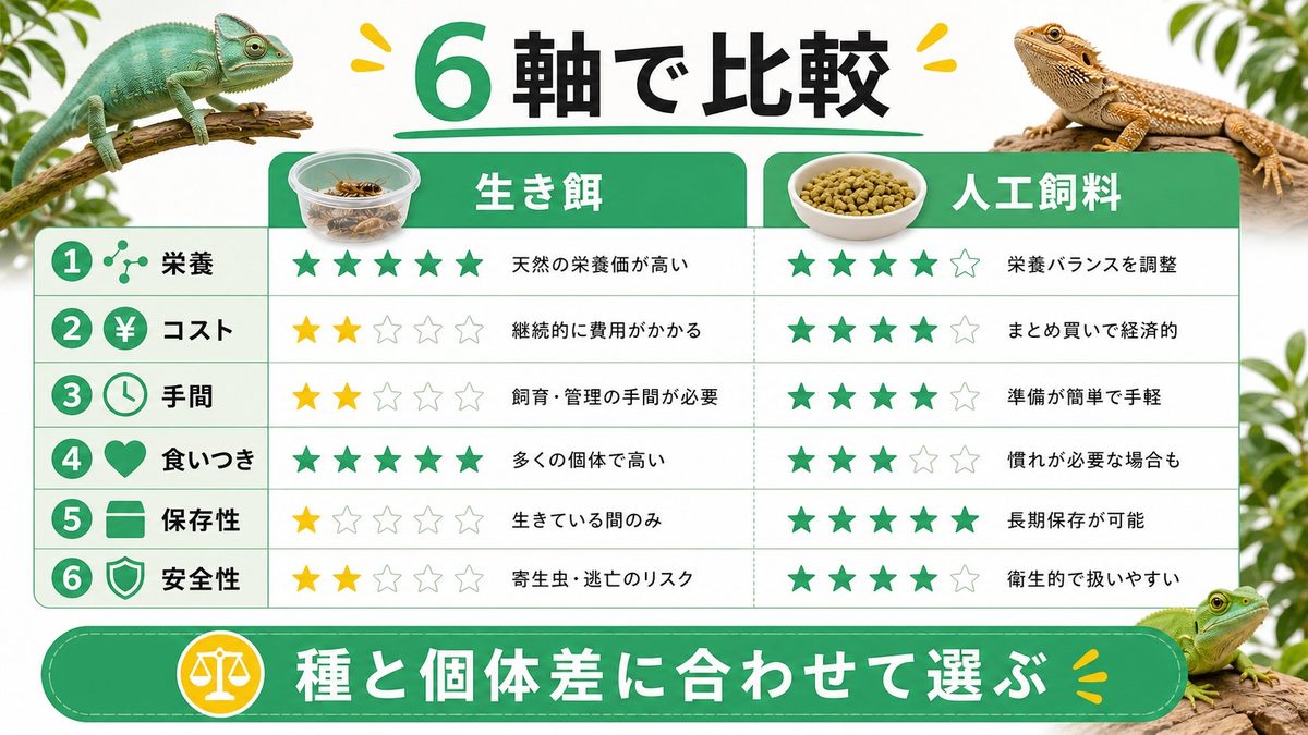 生き餌 vs 人工飼料 6軸比較表の要点をまとめたカメレオン・爬虫類飼育インフォグラフィック