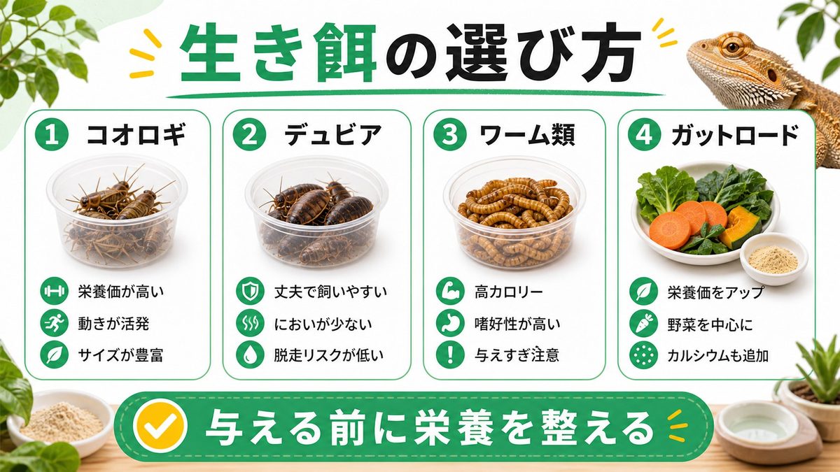 生き餌の種類・特徴・選び方の要点をまとめたカメレオン・爬虫類飼育インフォグラフィック