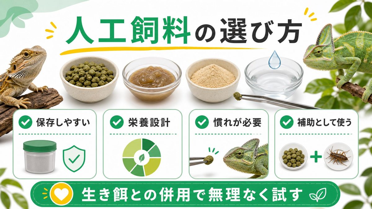 人工飼料の種類・特徴・選び方の要点をまとめたカメレオン・爬虫類飼育インフォグラフィック