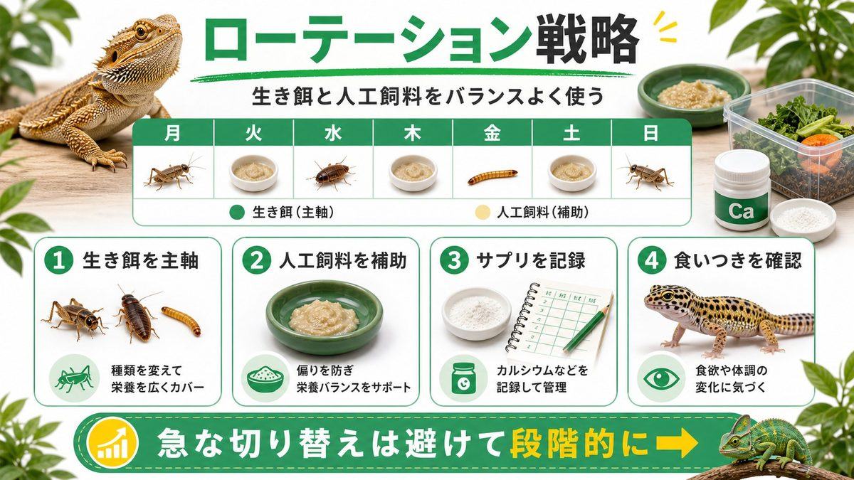 栄養バランスを最適化するローテーション戦略の要点をまとめたカメレオン・爬虫類飼育インフォグラフィック