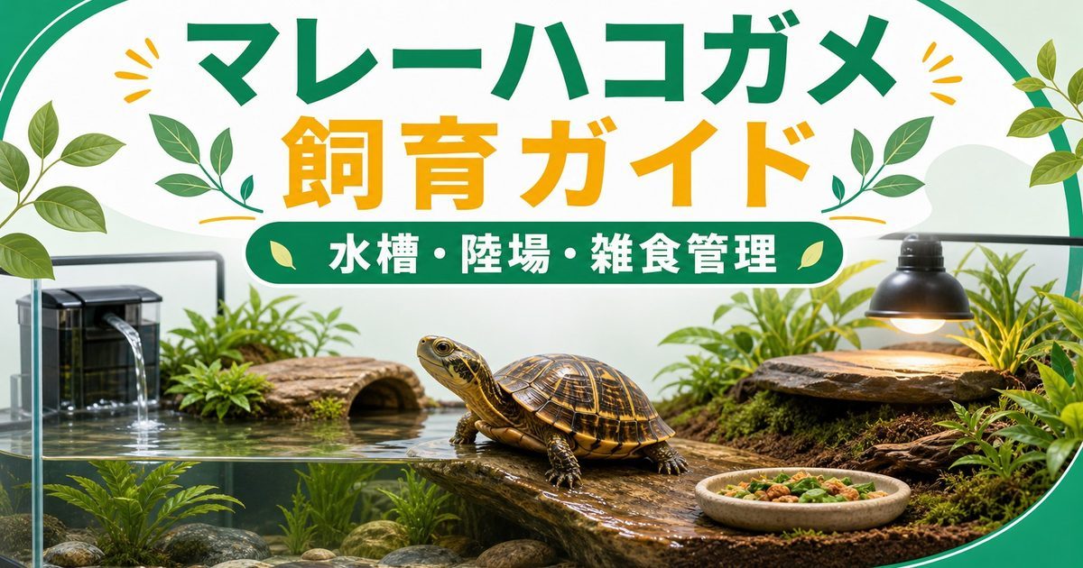 マレーハコガメ（Cuora amboinensis）飼育完全ガイド！アジア産半水棲ハコガメの特徴・水槽管理・雑食餌・注意点を徹底解説の要点を伝えるカメレオン・爬虫類記事アイキャッチ画像