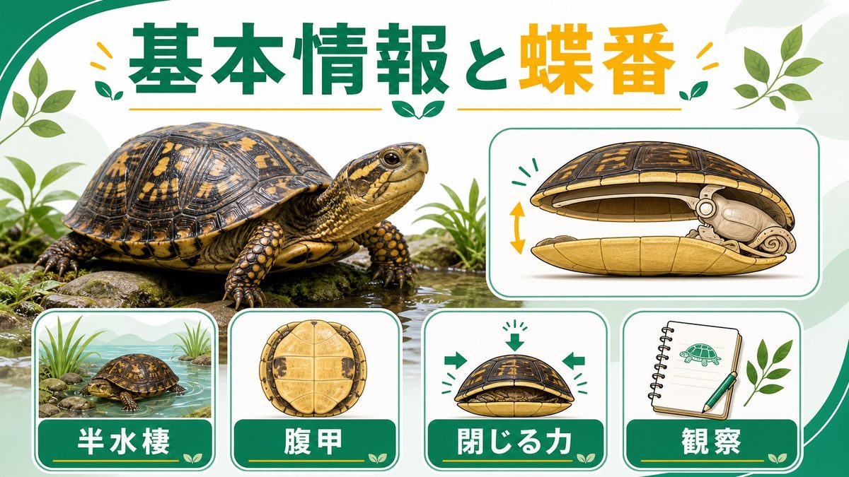 マレーハコガメの基本情報と腹甲蝶番の仕組みの要点をまとめたカメレオン・爬虫類飼育インフォグラフィック