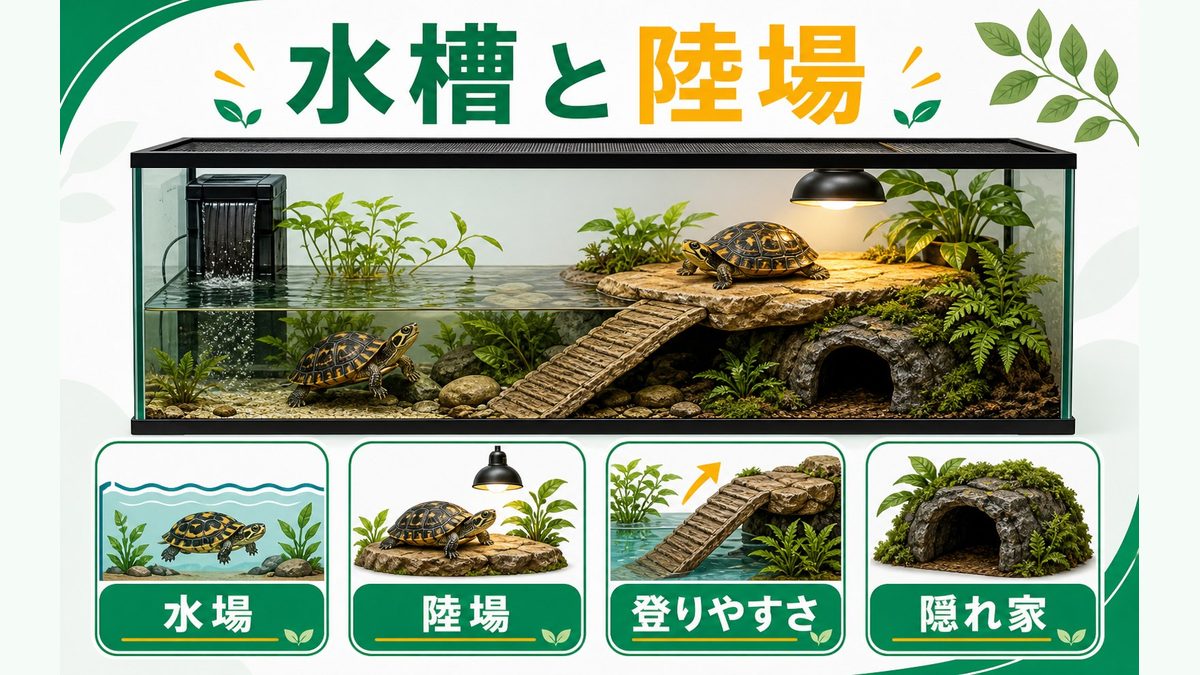 飼育水槽・陸場のレイアウトの要点をまとめたカメレオン・爬虫類飼育インフォグラフィック