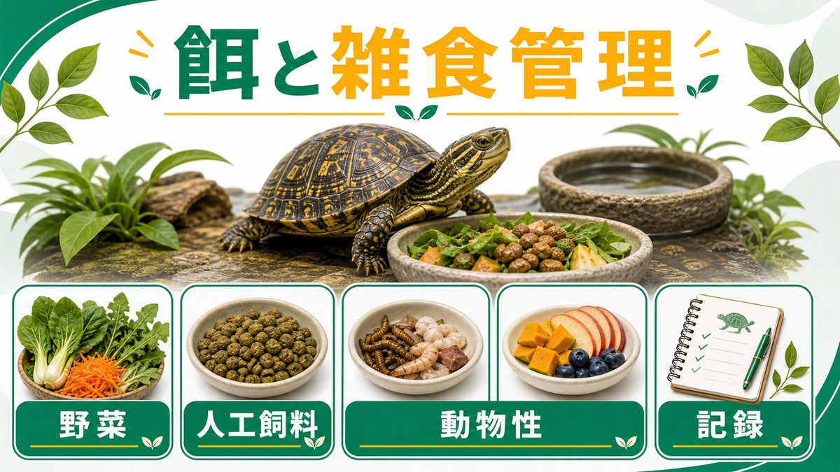 餌・雑食性の管理と給餌のコツの要点をまとめたカメレオン・爬虫類飼育インフォグラフィック