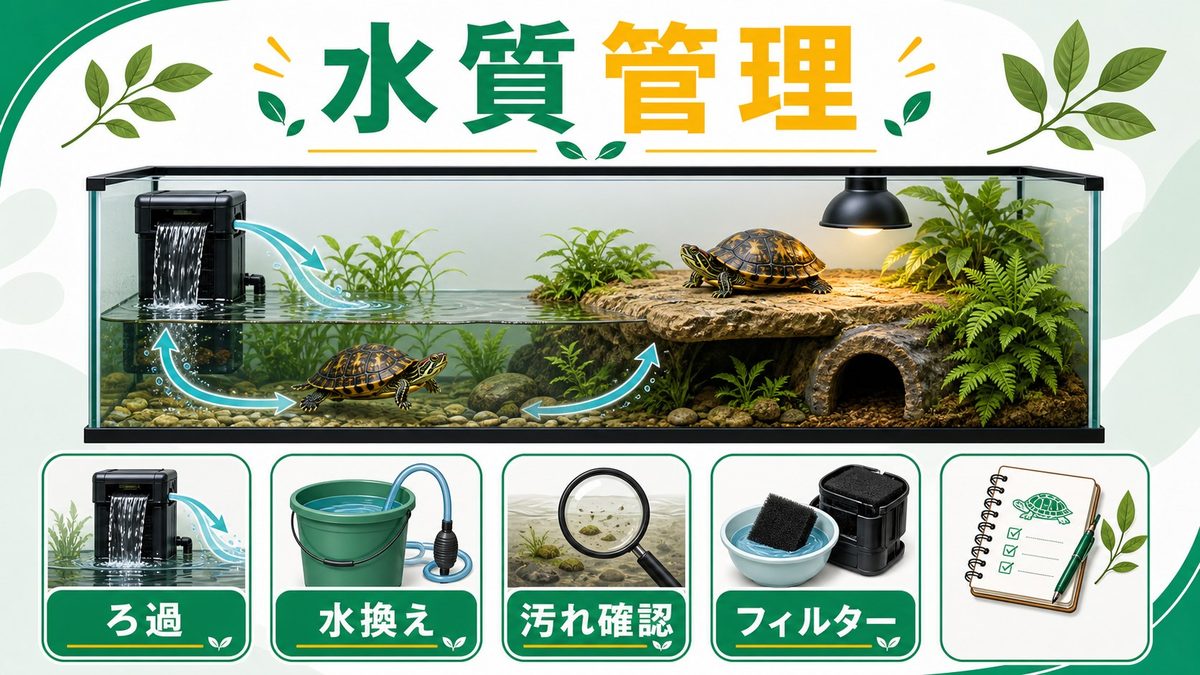 水質管理とフィルター選びの要点をまとめたカメレオン・爬虫類飼育インフォグラフィック