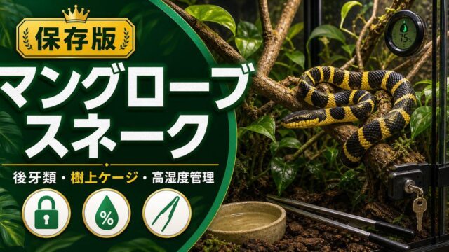 マングローブスネーク（Boiga dendrophila）飼育完全ガイド！黄色い縞模様が美しい東南アジア産後牙類ヘビの特徴・ケージ・餌・繁殖を徹底解説の要点を伝えるカメレオン・爬虫類記事アイキャッチ画像
