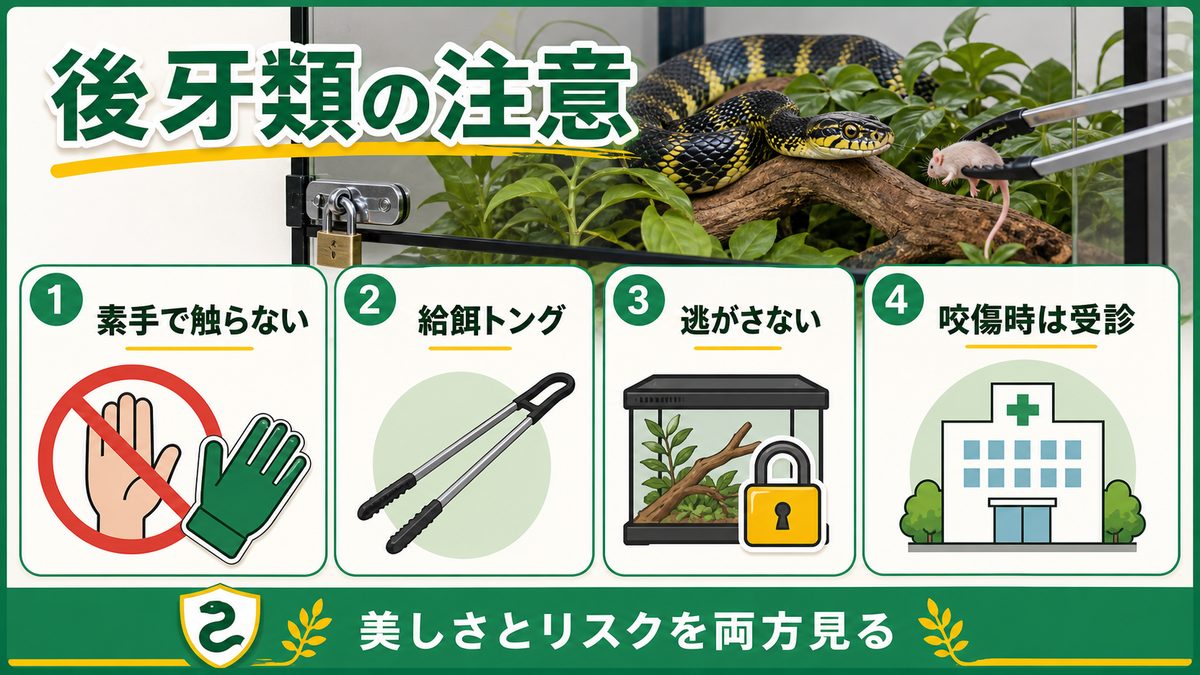 ⚠️ 後牙類（opistoglyphous）とは ― 毒性とリスクを正しく知ろうの要点をまとめたカメレオン・爬虫類飼育インフォグラフィック