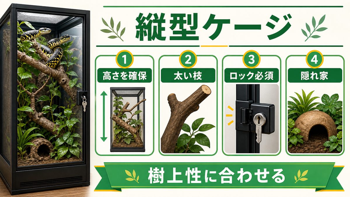 🏠 飼育ケージの設定 ― 樹上性に特化した縦型レイアウトの要点をまとめたカメレオン・爬虫類飼育インフォグラフィック