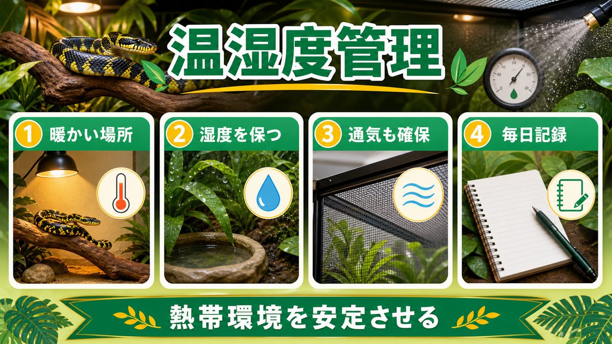 🌡️ 温度・湿度管理 ― 東南アジア熱帯の環境を再現するの要点をまとめたカメレオン・爬虫類飼育インフォグラフィック
