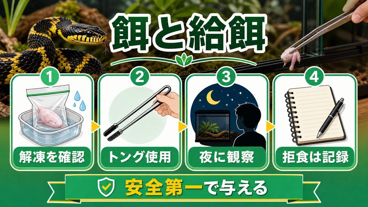 🍖 餌・給餌方法 ― 拒食対策も含めて徹底解説の要点をまとめたカメレオン・爬虫類飼育インフォグラフィック