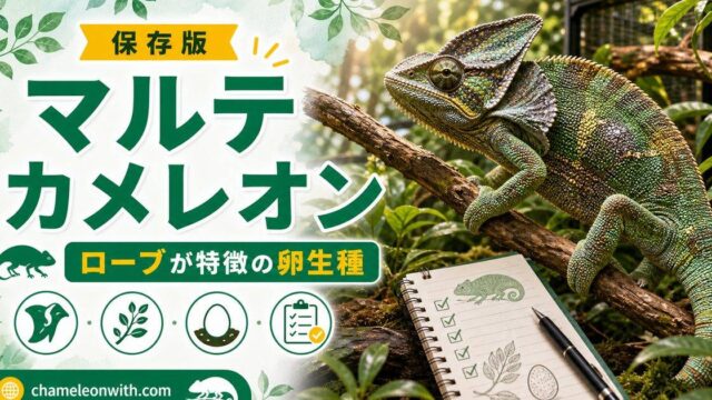 マルテカメレオンの飼育方法・特徴等について徹底解説！大きなローブ（フラップ）を持った卵生カメレオン！の要点を伝えるカメレオン・爬虫類記事アイキャッチ画像