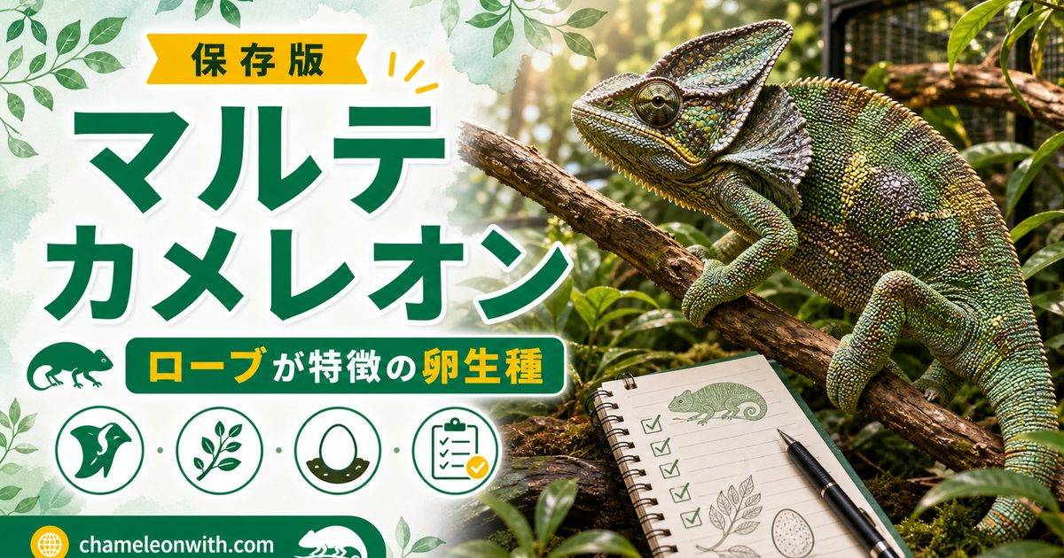 マルテカメレオンの飼育方法・特徴等について徹底解説！大きなローブ（フラップ）を持った卵生カメレオン！の要点を伝えるカメレオン・爬虫類記事アイキャッチ画像