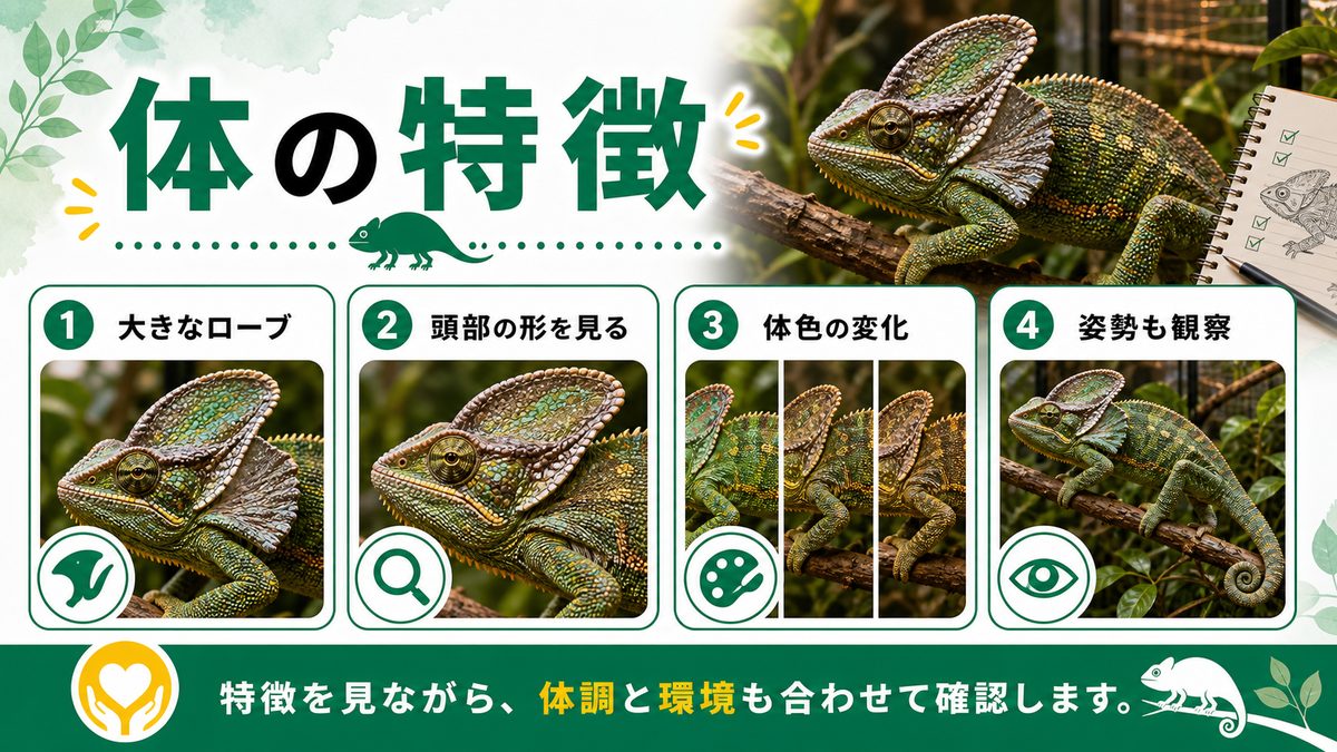 どんな特徴があるの？の要点をまとめたカメレオン・爬虫類飼育インフォグラフィック