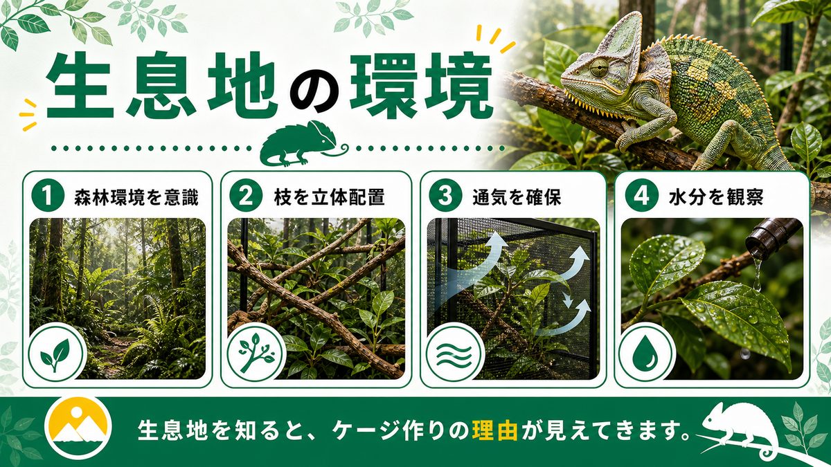 生息地はどんな環境？の要点をまとめたカメレオン・爬虫類飼育インフォグラフィック