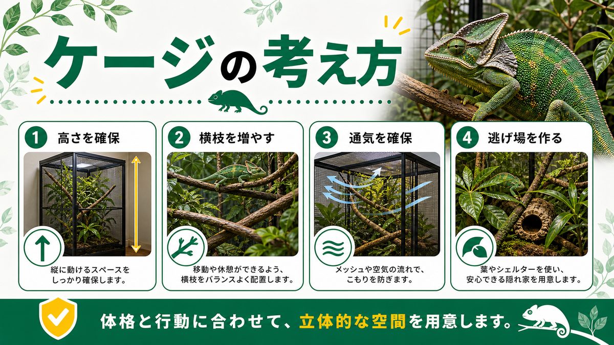 ケージの広さは？の要点をまとめたカメレオン・爬虫類飼育インフォグラフィック