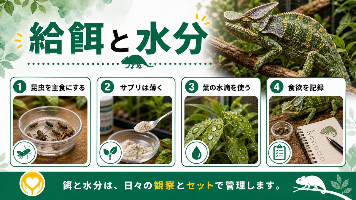 給餌や水はどうするの？の要点をまとめたカメレオン・爬虫類飼育インフォグラフィック