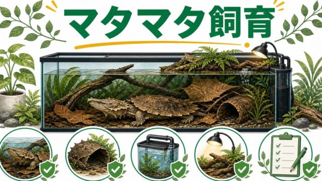 マタマタガメ飼育完全ガイド！水槽・餌・水質管理の全知識の要点を伝えるカメレオン・爬虫類記事アイキャッチ画像